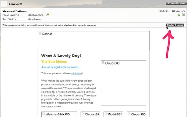  In Mail.com, click the display button on the top right to load your images