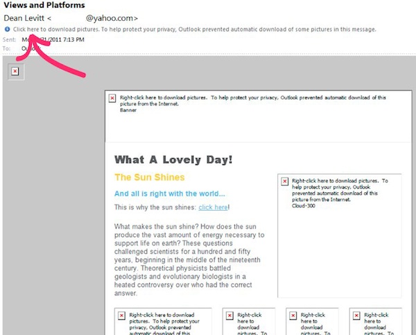 In Outlook, click the message at the top to display pictures
