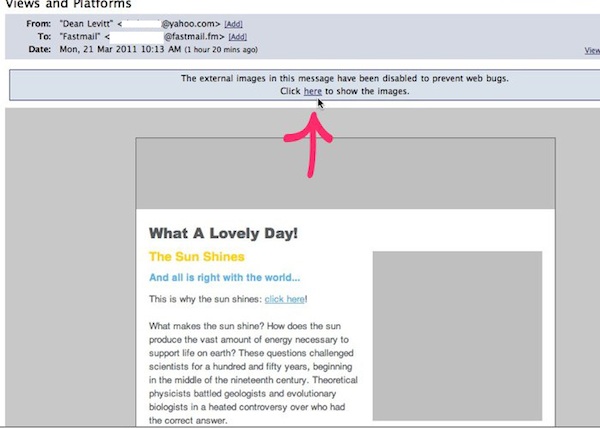 Fastmail displays a option at the top of the email to 'click here to show the images'