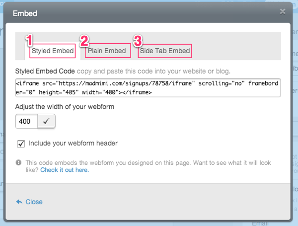 Webform embed code