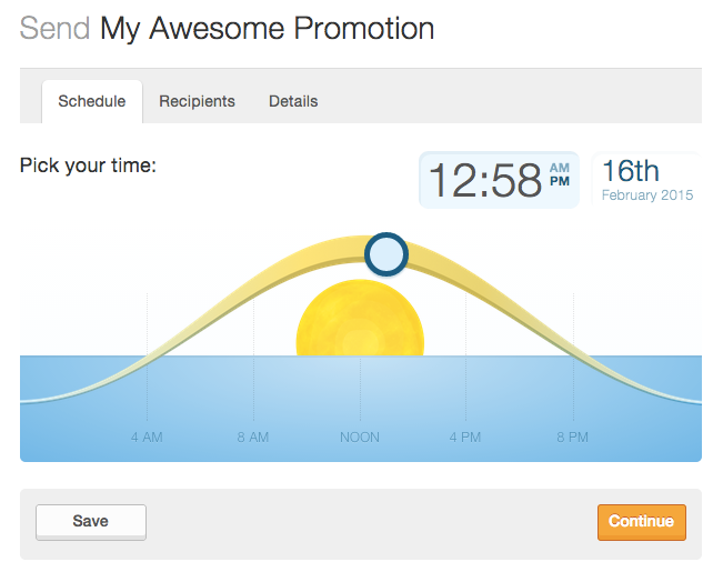 drag the circle across the path to select the time of day to send your mailing, or type in the time in the display