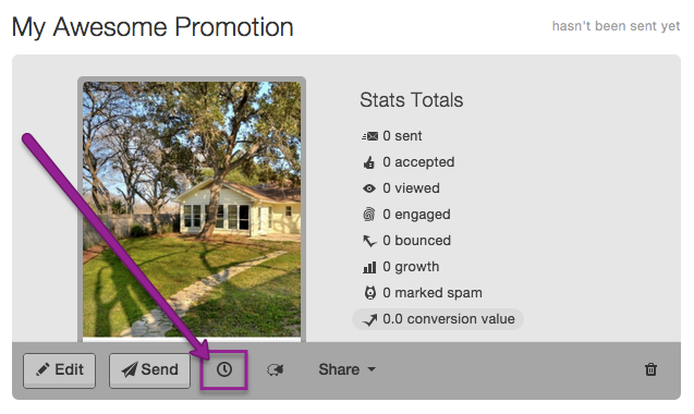click the clock button underneath the campaign thumbnail on your GoDaddy Email Marketing Dashboard, in order to schedule a campaign to send in the future