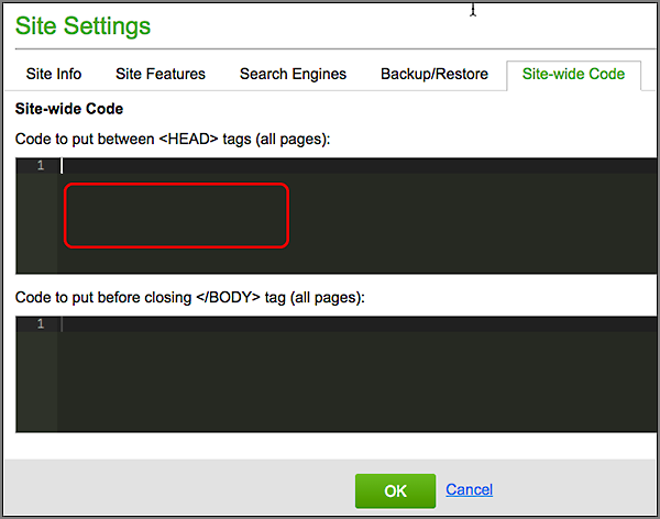 enter code in field labeled Code to put between <HEAD> tags (all pages)