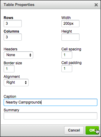 Table Properties dialog box