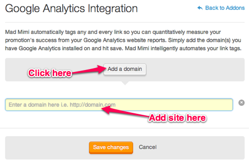 Click Add Domain to link your domain Google Analytics to Mad Mimi